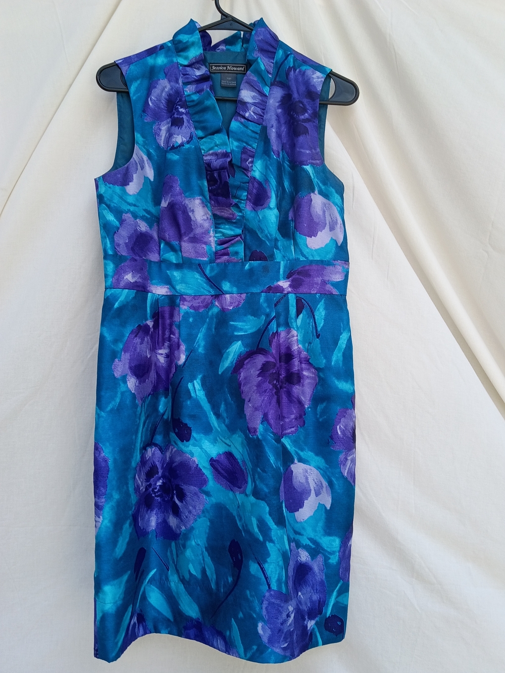 Jessica Howard Teal and Purple Floral Ruffle V-Neck Midi Dress